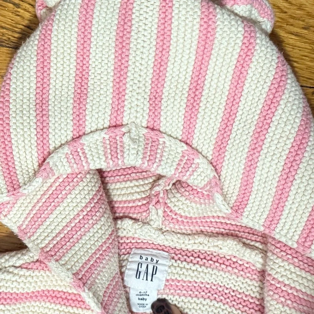 GAP Baby Pink White Hooded Knit Cardigan Heart Bear Ears Girls 6–12 Months